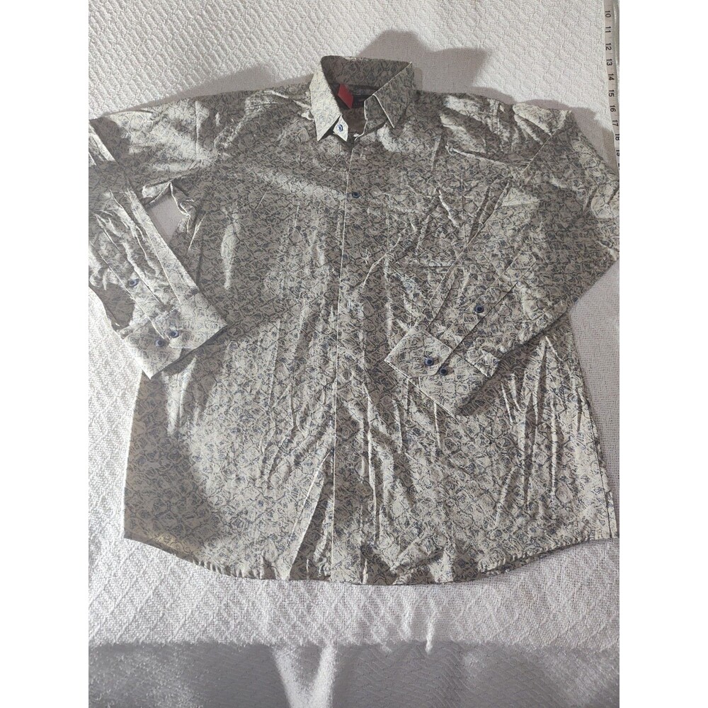 French Crown Size 40 Extra Large Men's Fashion Print Dress Shirt Tan&Blue 1023